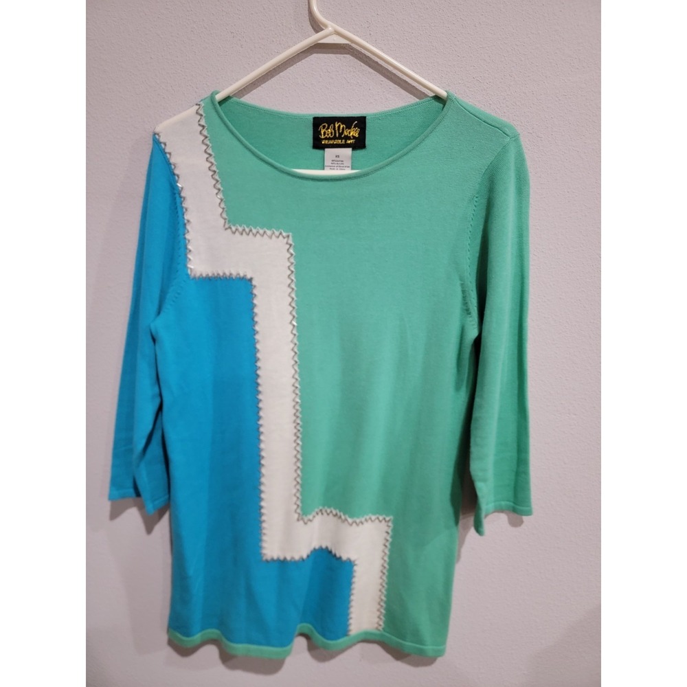 BOB MACKIE WEARABLE ART‎ Women's Blue Green Sweater Size XS Embroidered Beaded
